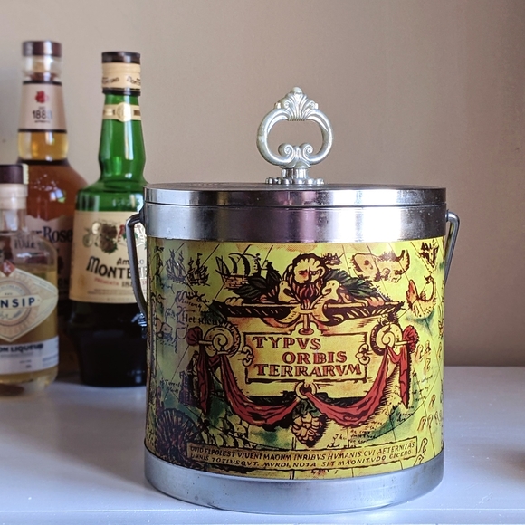 vintage ice bucket/ planter with latin map print - Picture 3 of 7